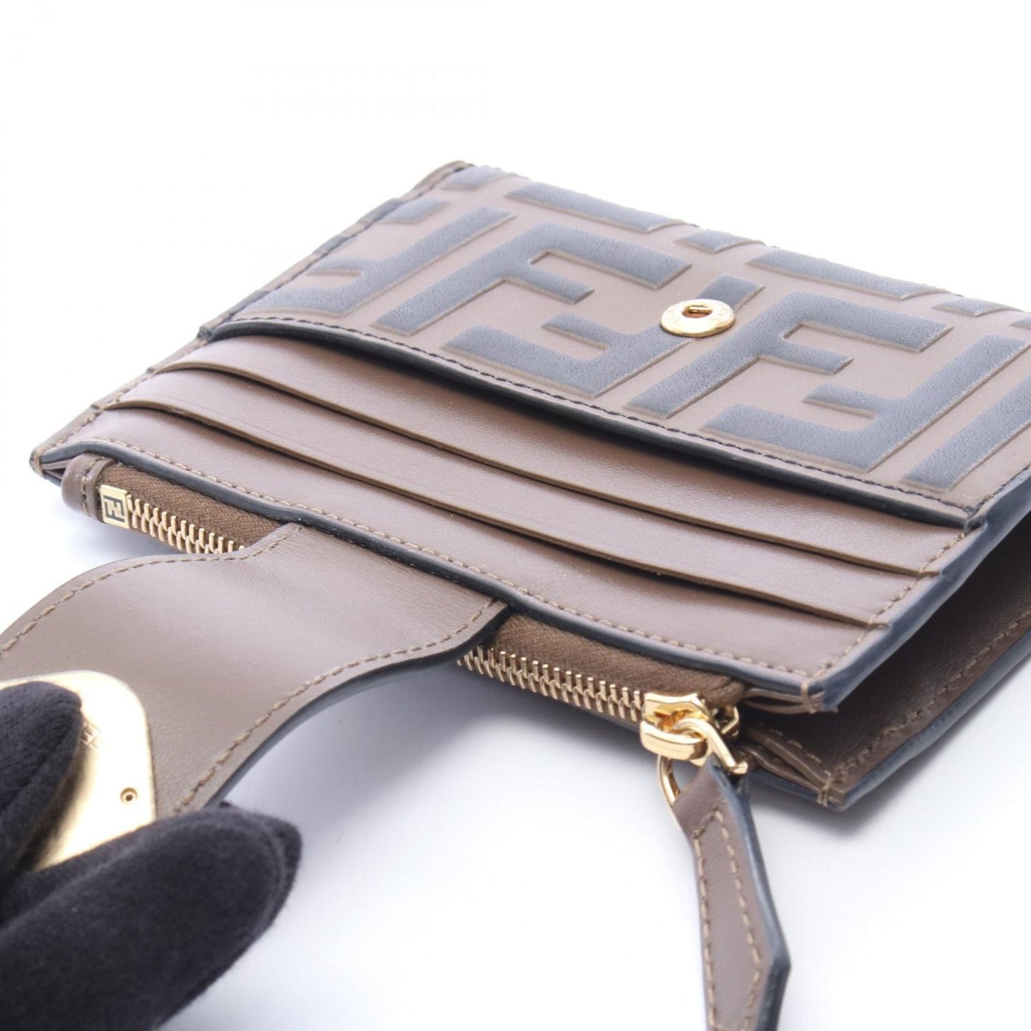 Fendi Coin Case FF Diamond Card Brown Leather FF Zip