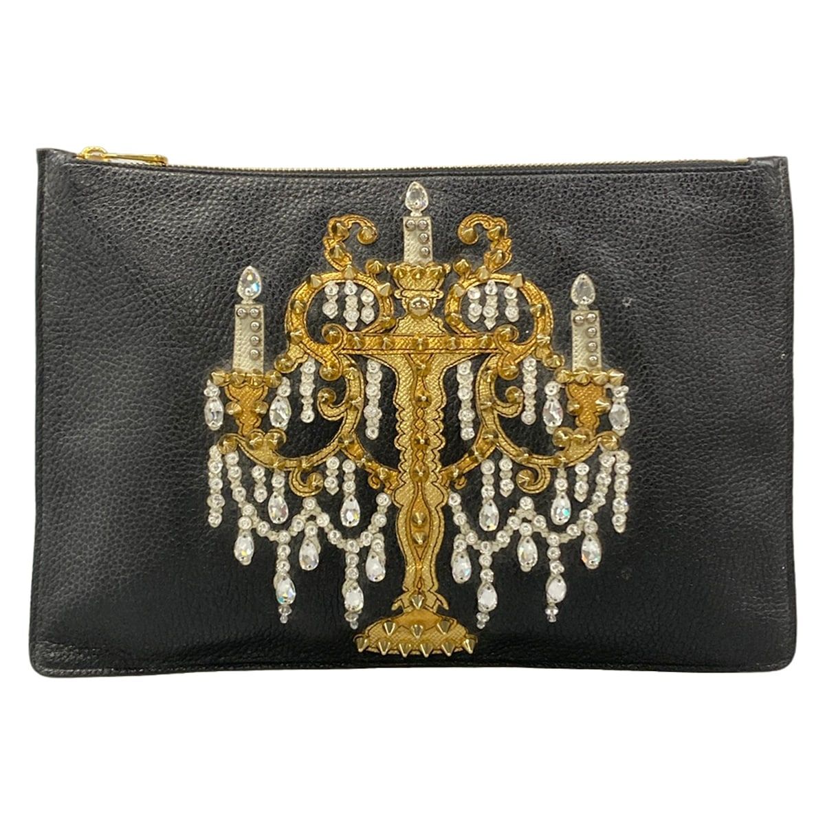 Dolce & Gabbana Clutch Black Gold Beads Bijou Studs Chien Delia Leather