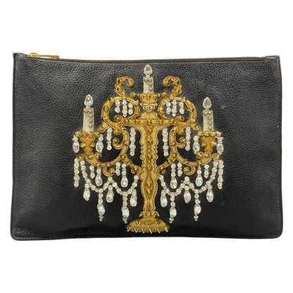 Dolce & Gabbana Clutch Black Gold Beads Bijou Studs Chien Delia Leather
