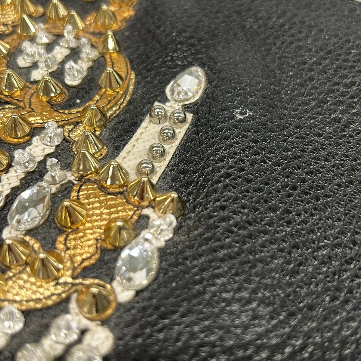 Dolce & Gabbana Clutch Black Gold Beads Bijou Studs Chien Delia Leather