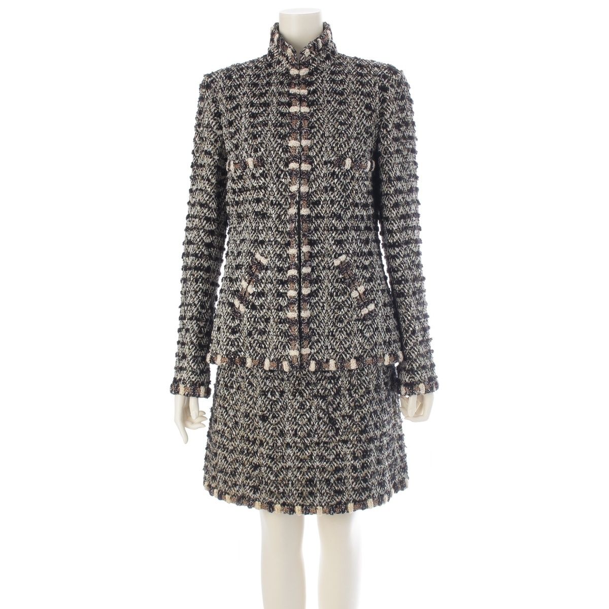 Chanel Metallic Tweed Stand Collar Jacket Skirt Set Suit Black Gold