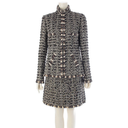 Chanel Metallic Tweed Stand Collar Jacket Skirt Set Suit Black Gold