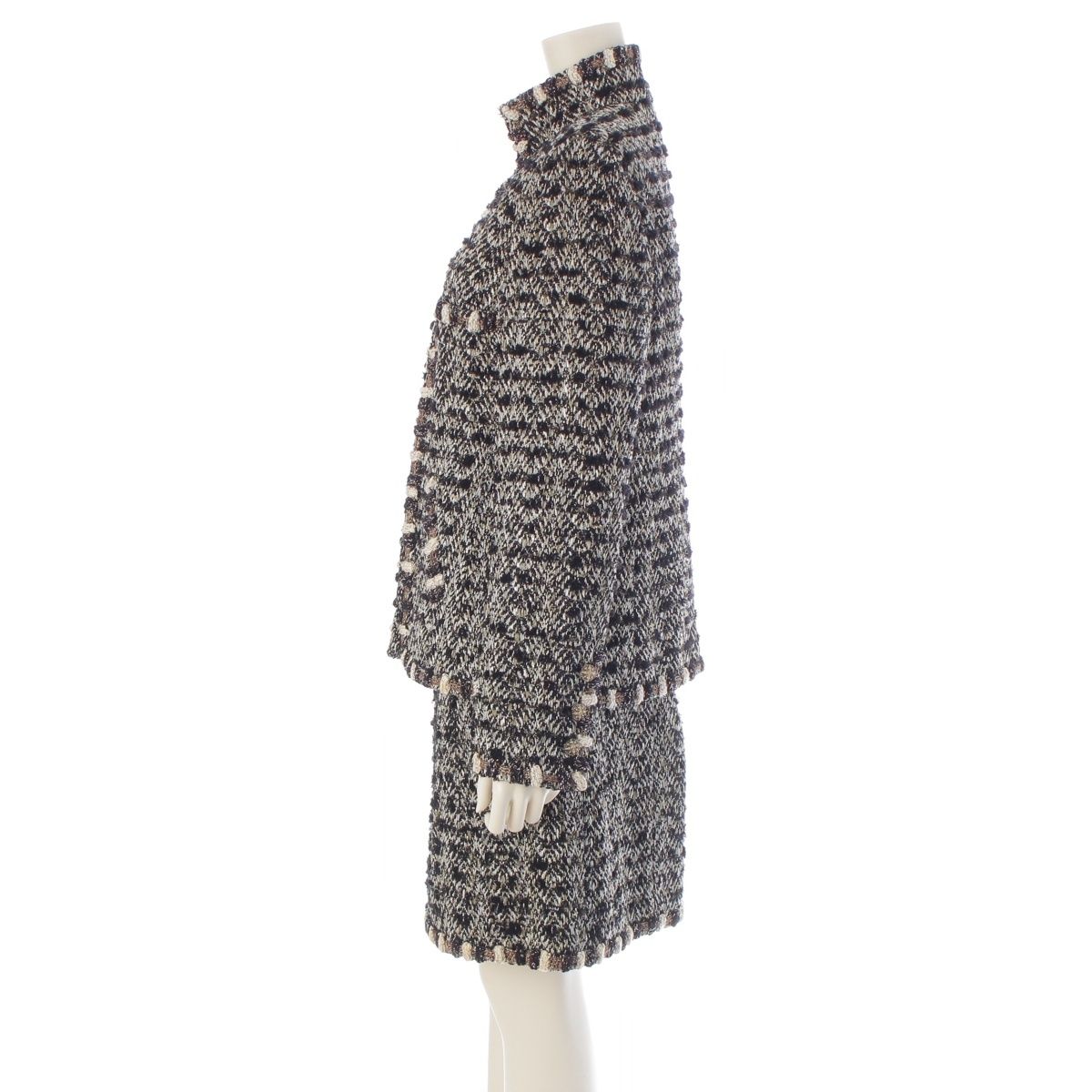 Chanel Metallic Tweed Stand Collar Jacket Skirt Set Suit Black Gold