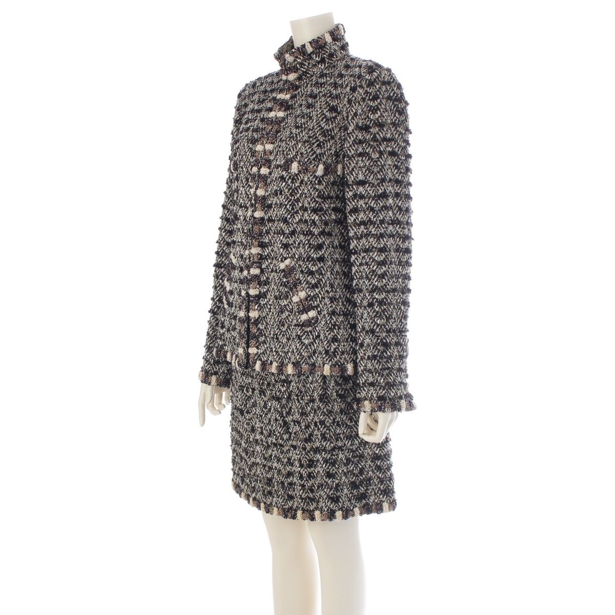 Chanel Metallic Tweed Stand Collar Jacket Skirt Set Suit Black Gold