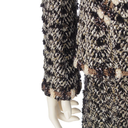 Chanel Metallic Tweed Stand Collar Jacket Skirt Set Suit Black Gold