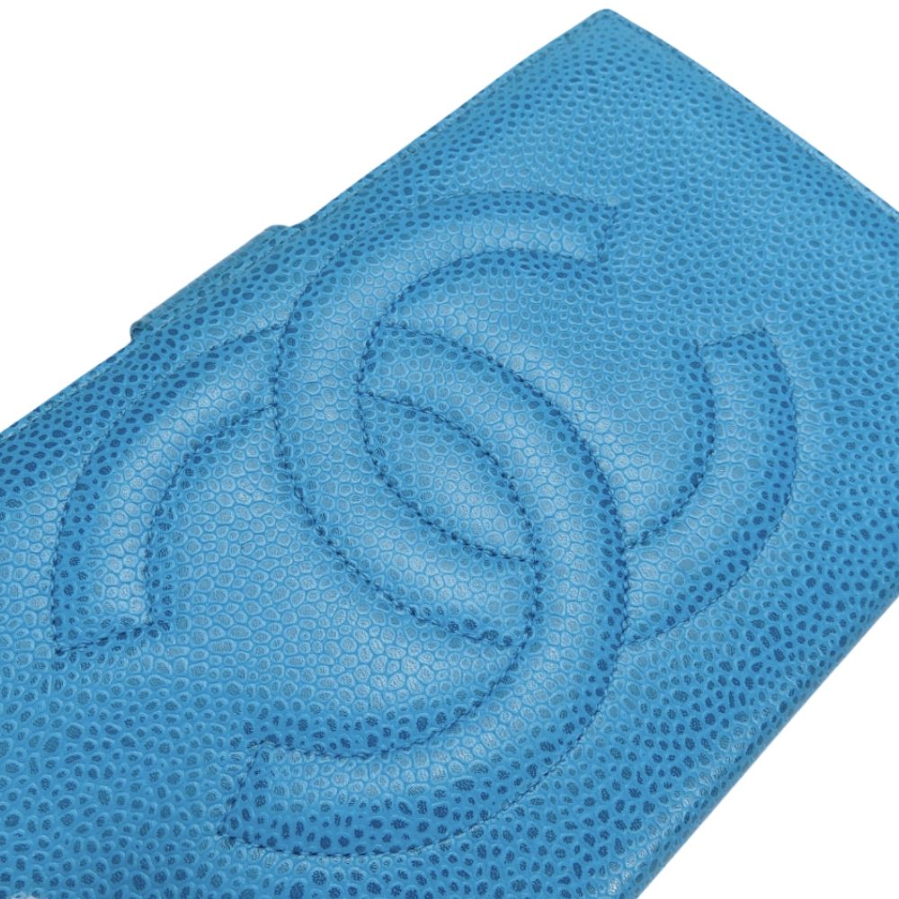Chanel Bifold Wallet CC Logo Clasp Caviar Leather Blue Gold