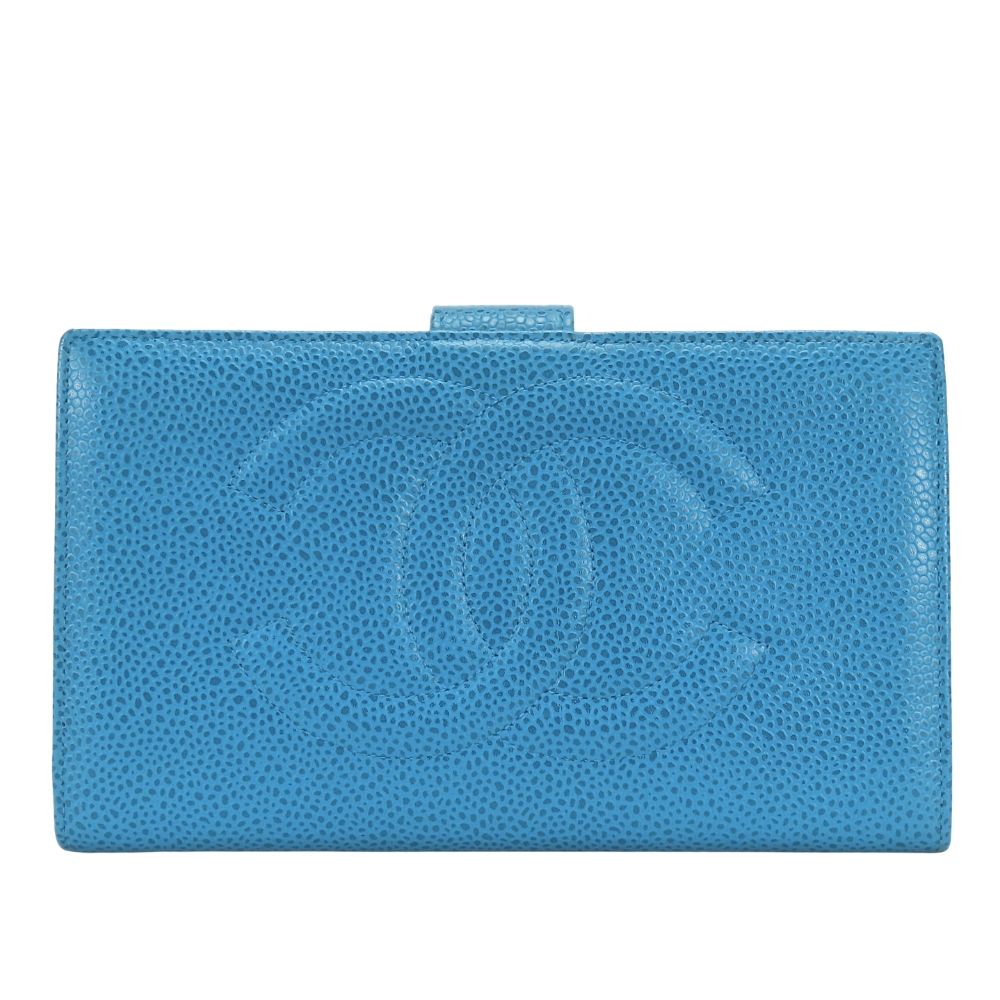 Chanel Bifold Wallet CC Logo Clasp Caviar Leather Blue Gold