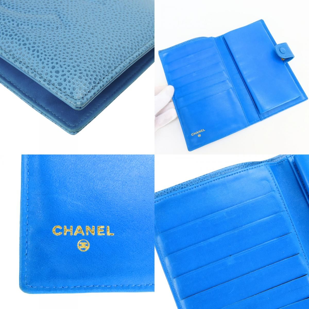 Chanel Bifold Wallet CC Logo Clasp Caviar Leather Blue Gold