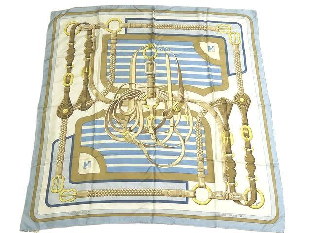 Hermes Carre 90 Scarf Coaching Silk 100% Light Blue Horse Tackle 8C