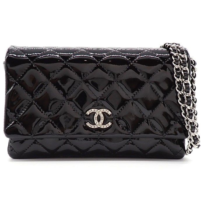 Chanel Shoulder Bag Brilliant Quilted Chain Wallet Black Patent Leather Silver