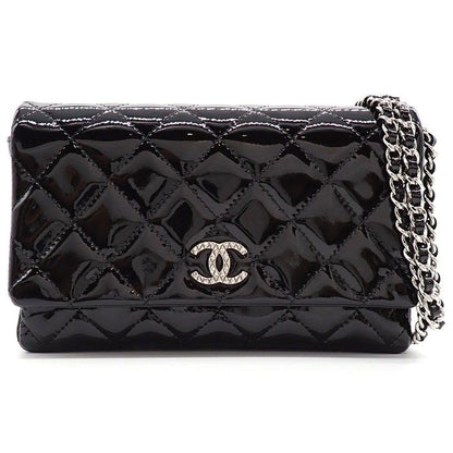 Chanel Shoulder Bag Brilliant Quilted Chain Wallet Black Patent Leather Silver