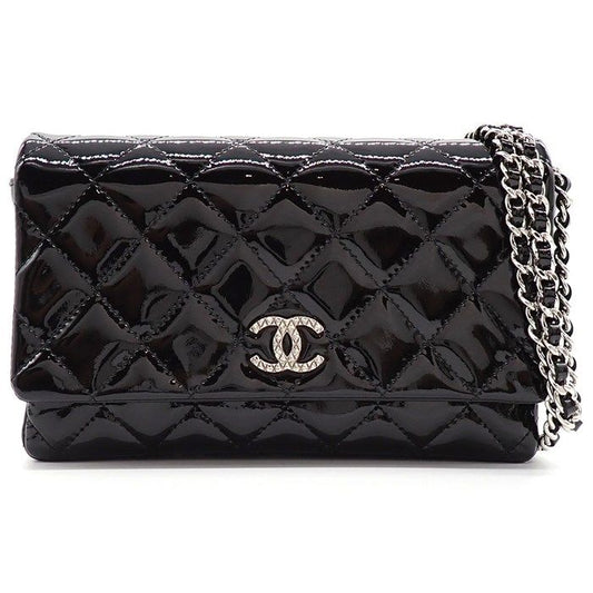Chanel Shoulder Bag Brilliant Quilted Chain Wallet Black Patent Leather Silver