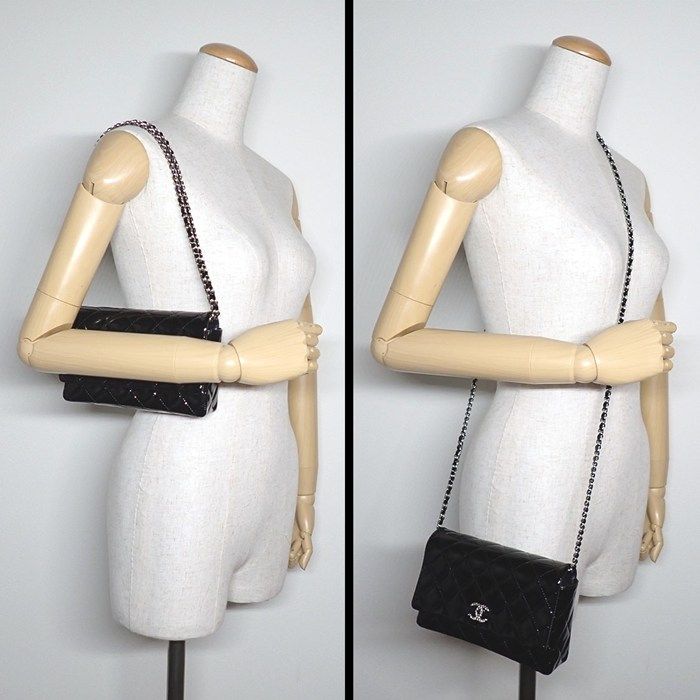 Chanel Shoulder Bag Brilliant Quilted Chain Wallet Black Patent Leather Silver — view 9
