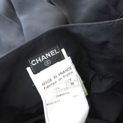 Chanel Skirt Knee Length Silk 100 CC Logo Pleated Black 38