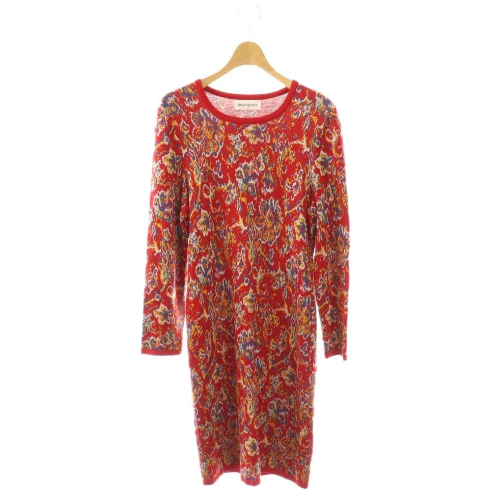 Saint Laurent Yves Dress Long Sleeve Knit Calf Long M Red Multicolor