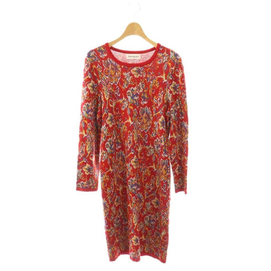 Saint Laurent Yves Dress Long Sleeve Knit Calf Long M Red Multicolor
