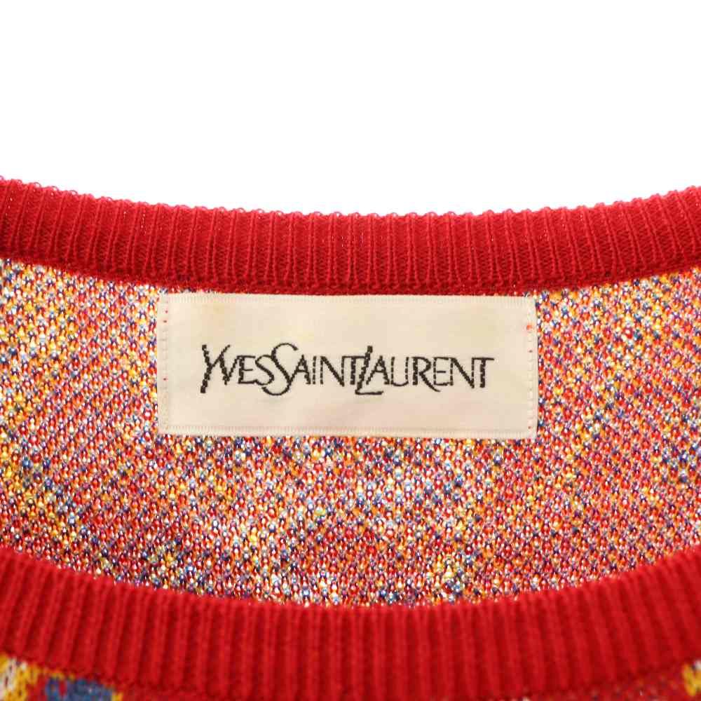 Saint Laurent Yves Dress Long Sleeve Knit Calf Long M Red Multicolor