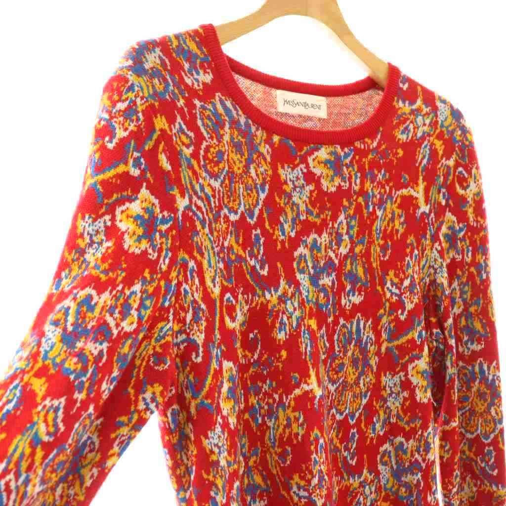 Saint Laurent Yves Dress Long Sleeve Knit Calf Long M Red Multicolor