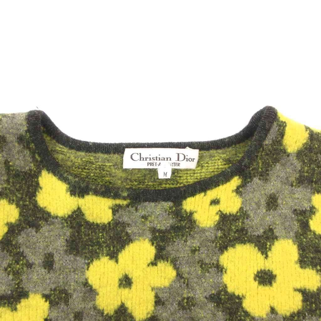 Dior Vintage Knit Sweater Floral Lame Long Sleeve M Green