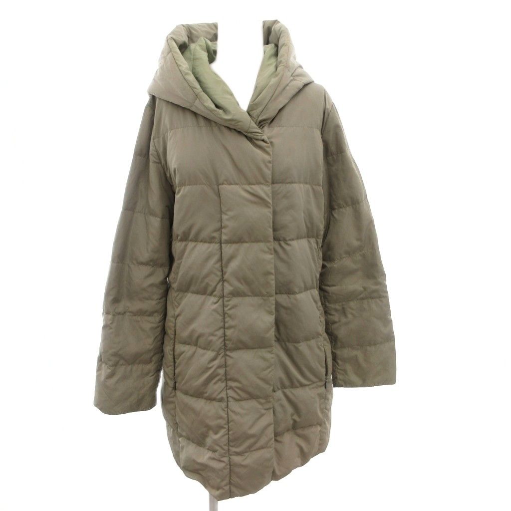 Max Mara Down Jacket Coat Hood Long Snap Button 42 Khaki