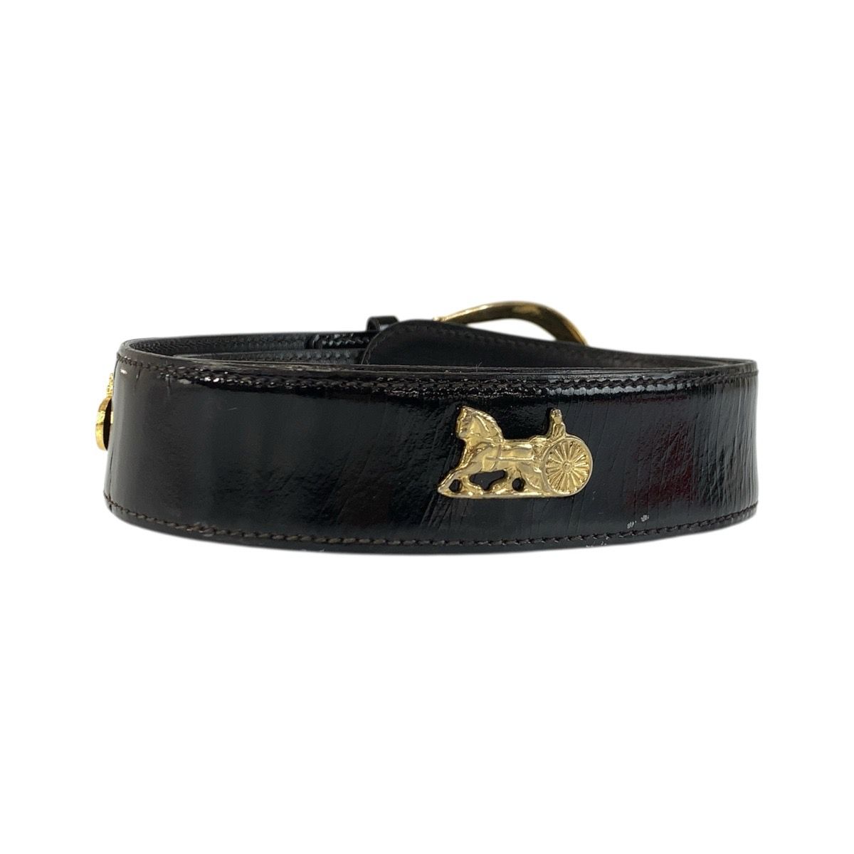Celine Vintage Carriage 70 cm Black Gold Patent Leather Belt