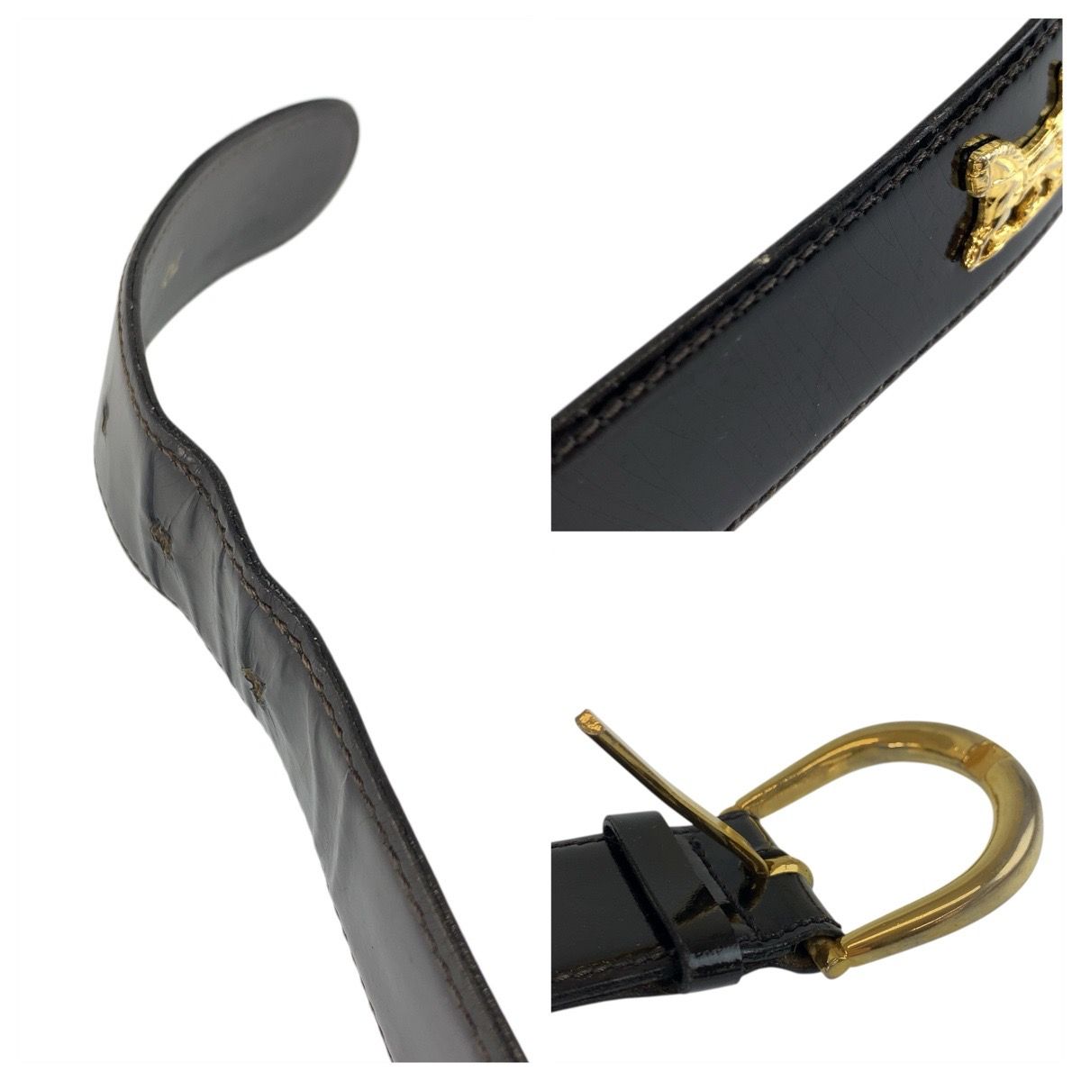 Celine Vintage Carriage 70 cm Black Gold Patent Leather Belt
