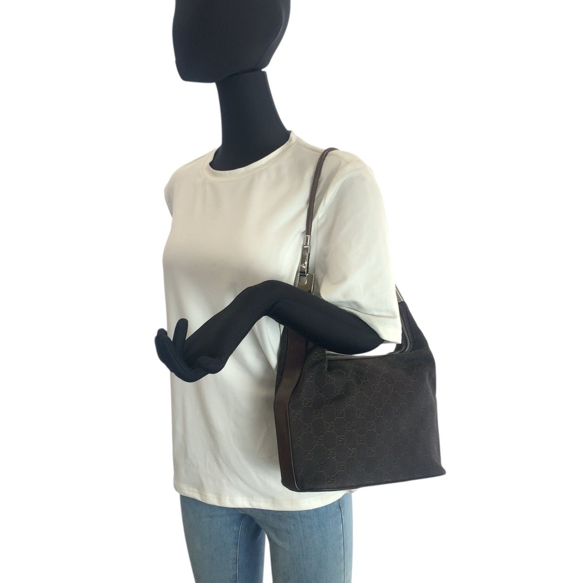 Gucci Brown Dark Silver GG Canvas Leather Shoulder Bag