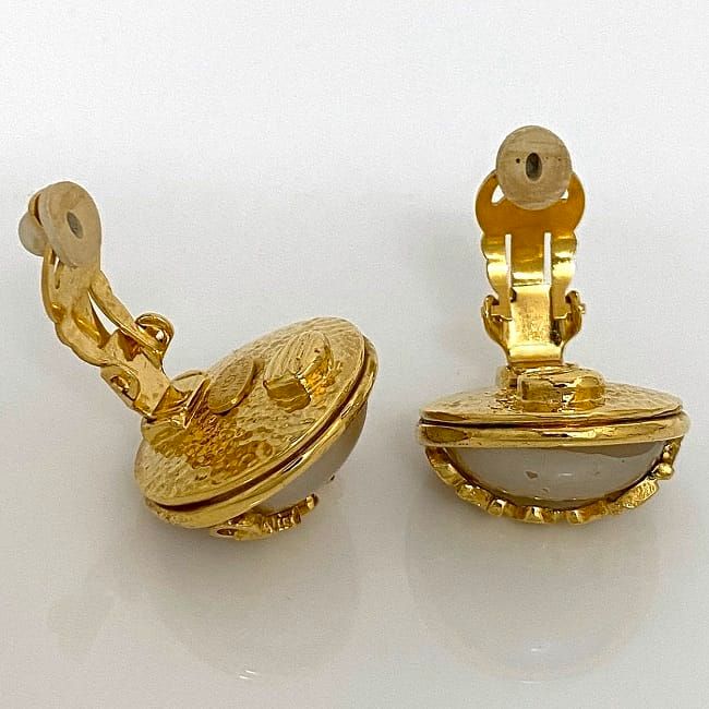 Chanel Earrings Gold Pearl White Logo