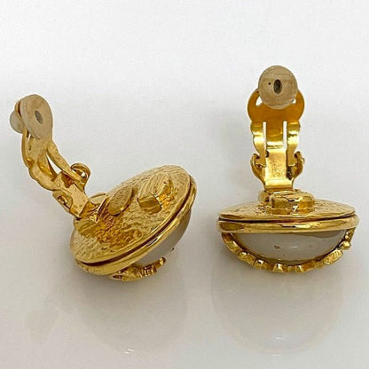 Chanel Earrings Gold Pearl White Logo