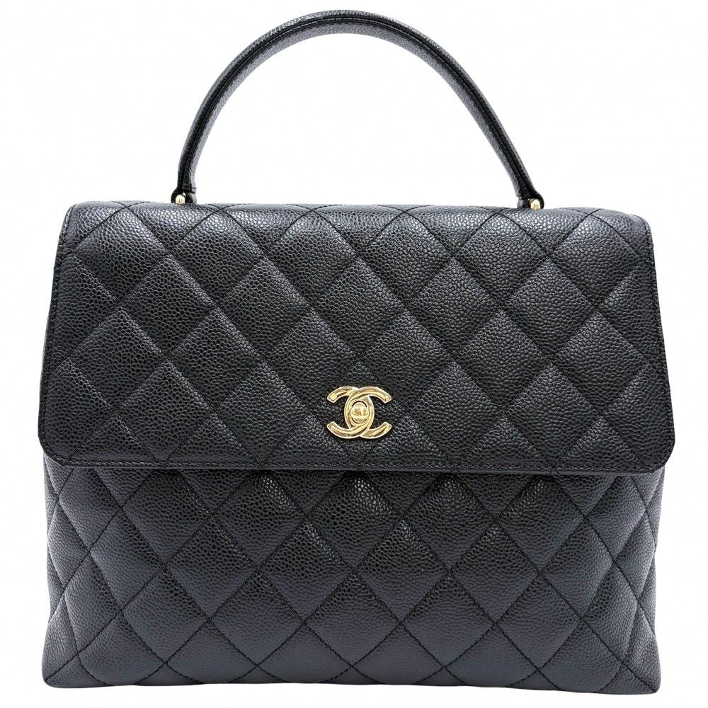 Chanel Handbag Quilted CC Logo Turnlock Top Handle Caviar Leather Black Gold