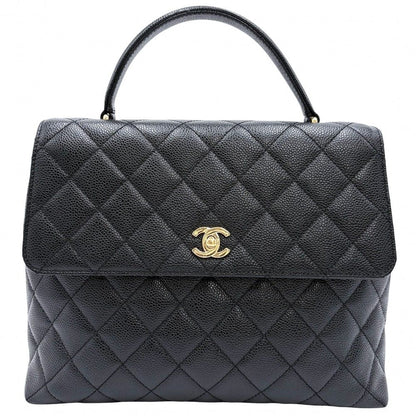 Chanel Handbag Quilted CC Logo Turnlock Top Handle Caviar Leather Black Gold