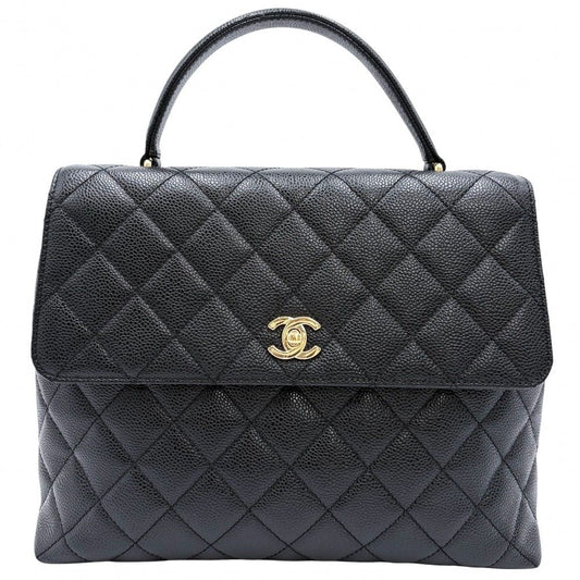 Chanel Handbag Quilted CC Logo Turnlock Top Handle Caviar Leather Black Gold