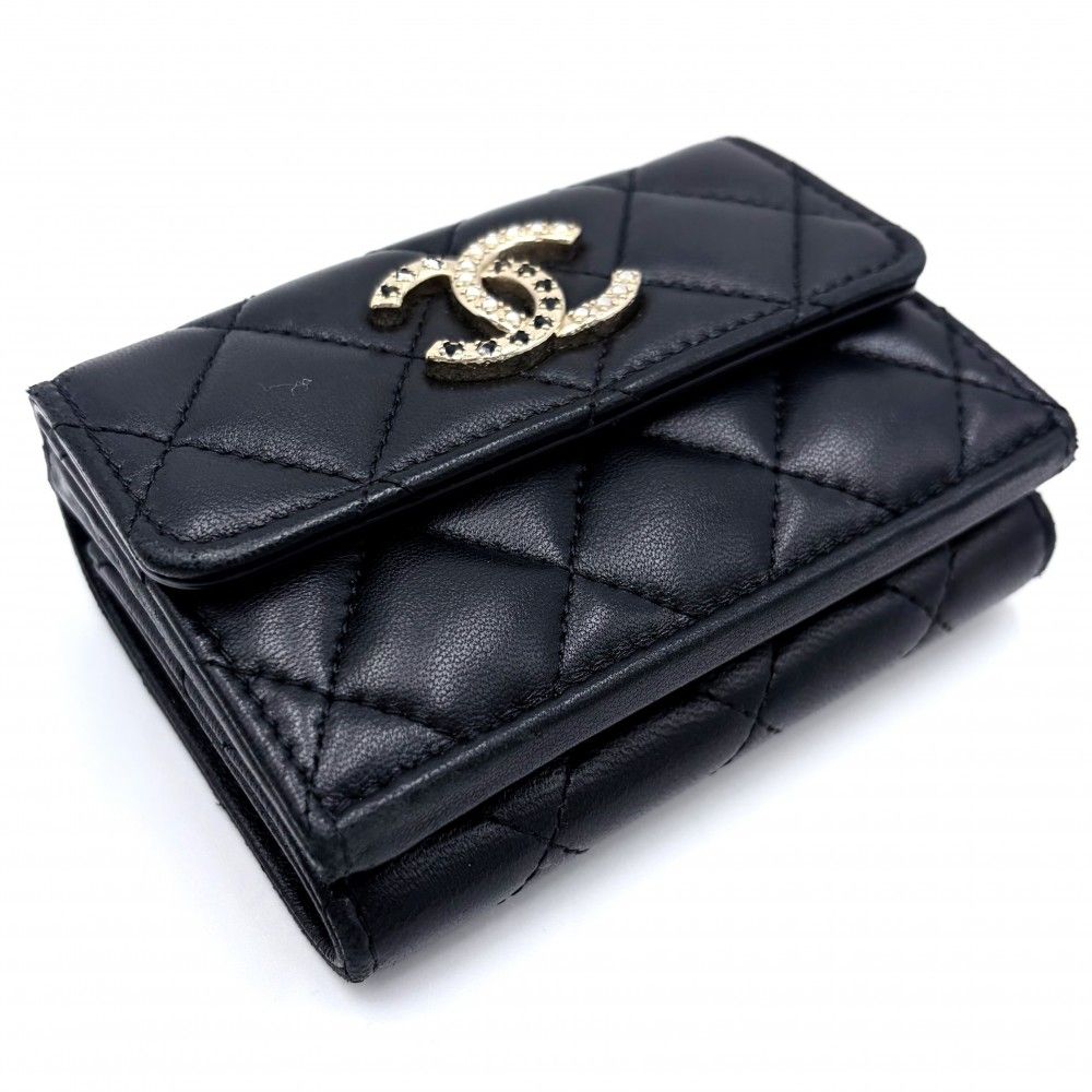 Chanel Trifold Wallet Quilted CC Logo Mini Compact Snap Button Lambskin Line — view 3