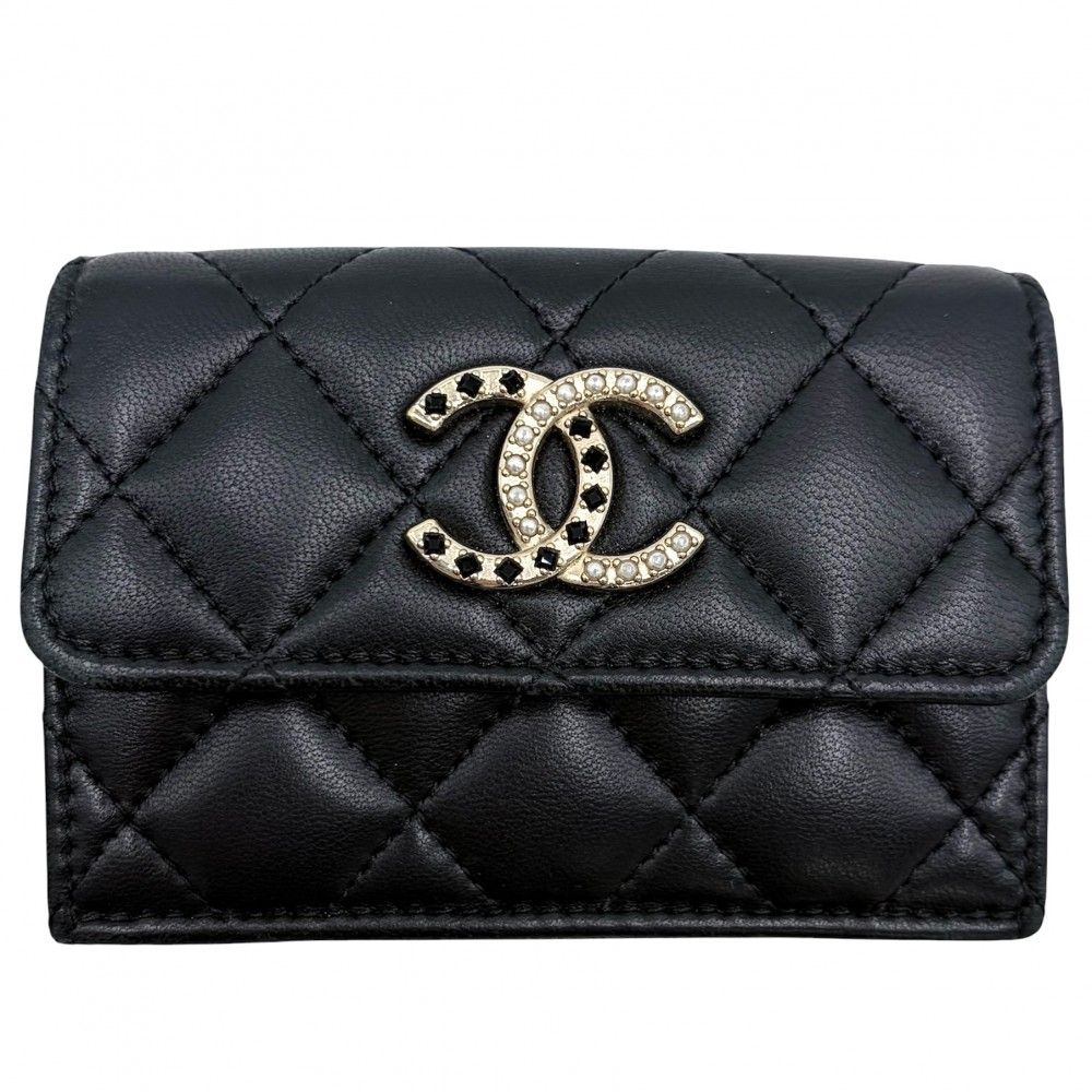 Chanel Trifold Wallet Quilted CC Logo Mini Compact Snap Button Lambskin Line