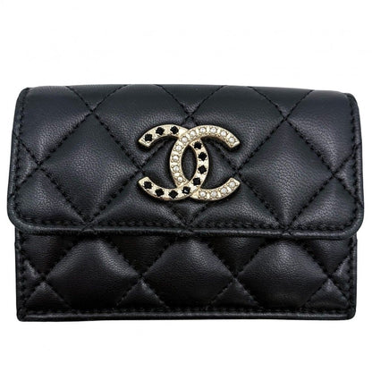 Chanel Trifold Wallet Quilted CC Logo Mini Compact Snap Button Lambskin Line