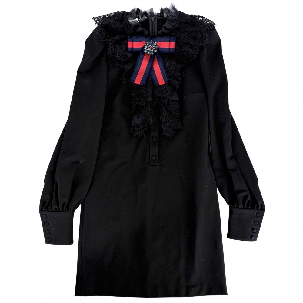 Gucci Dress Frill Ribbon Long Sleeve Sherry Line XS Black Rayon Nylon Polyuretha
