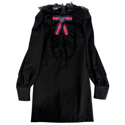 Gucci Dress Frill Ribbon Long Sleeve Sherry Line XS Black Rayon Nylon Polyuretha