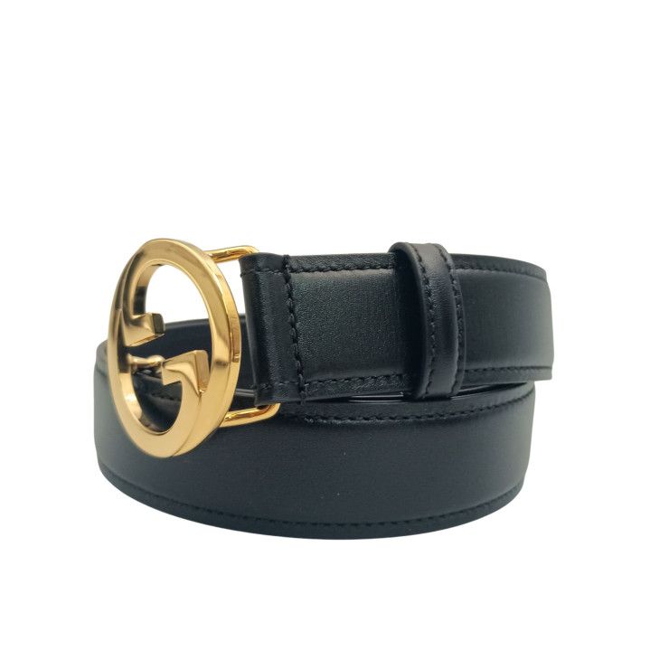 Gucci Belt Inter Locking Black Calfskin Leather Gold