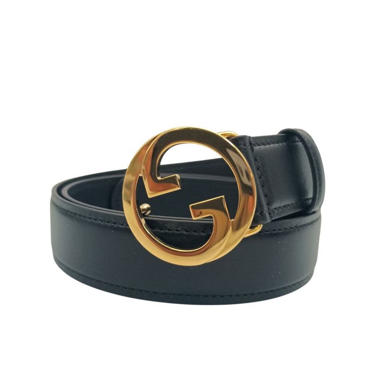 Gucci Belt Inter Locking Black Calfskin Leather Gold
