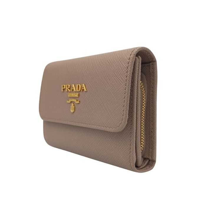 Prada Trifold Wallet Beige Saffiano Leather Gold