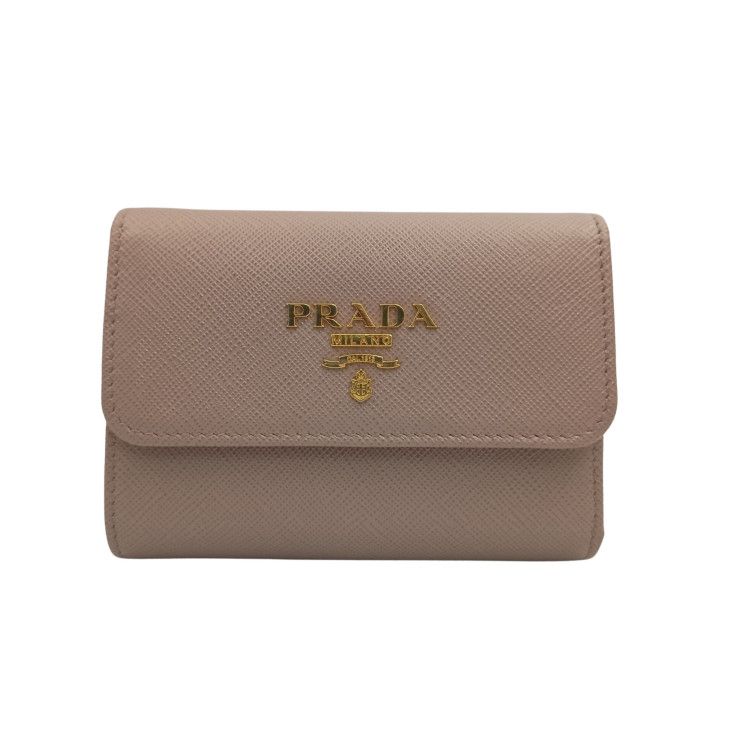 Prada Trifold Wallet Beige Saffiano Leather Gold