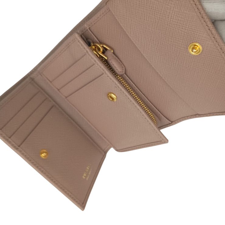 Prada Trifold Wallet Beige Saffiano Leather Gold