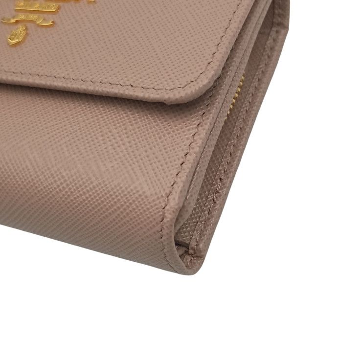 Prada Trifold Wallet Beige Saffiano Leather Gold