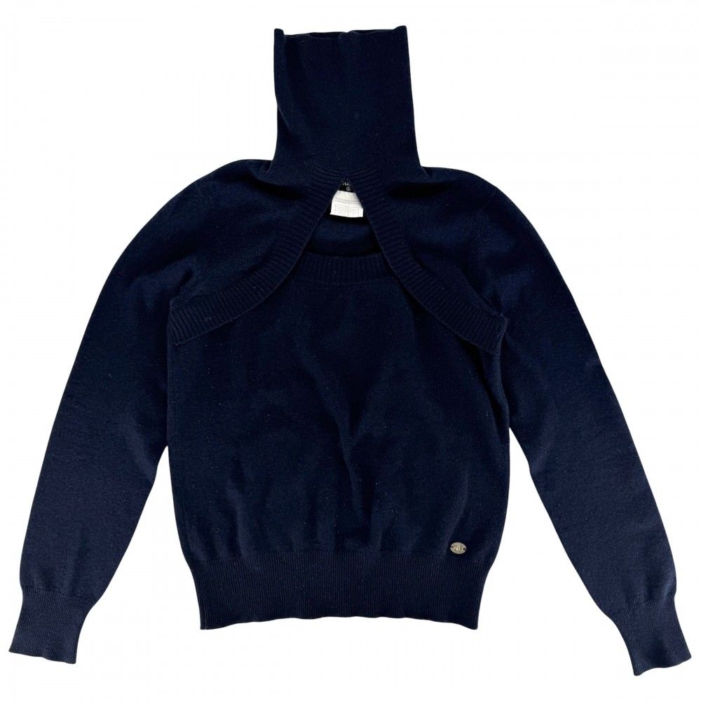 Chanel Knit CC Logo Turtleneck Top Sweater 38 Navy Cashmere