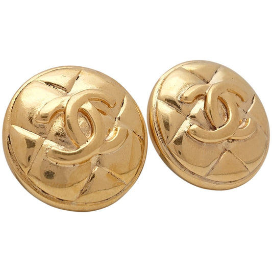 Chanel Vintage Quilted CC Logo Round Gold Earrings