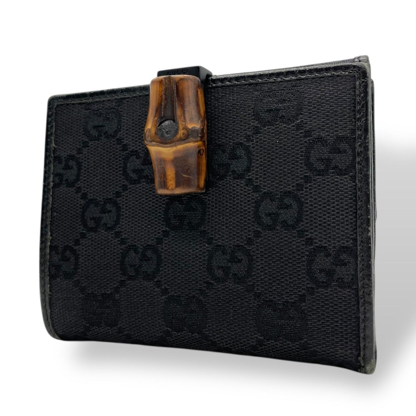 Gucci GG Canvas Bamboo Trifold Wallet Bifold Black Leather Compact Pattern