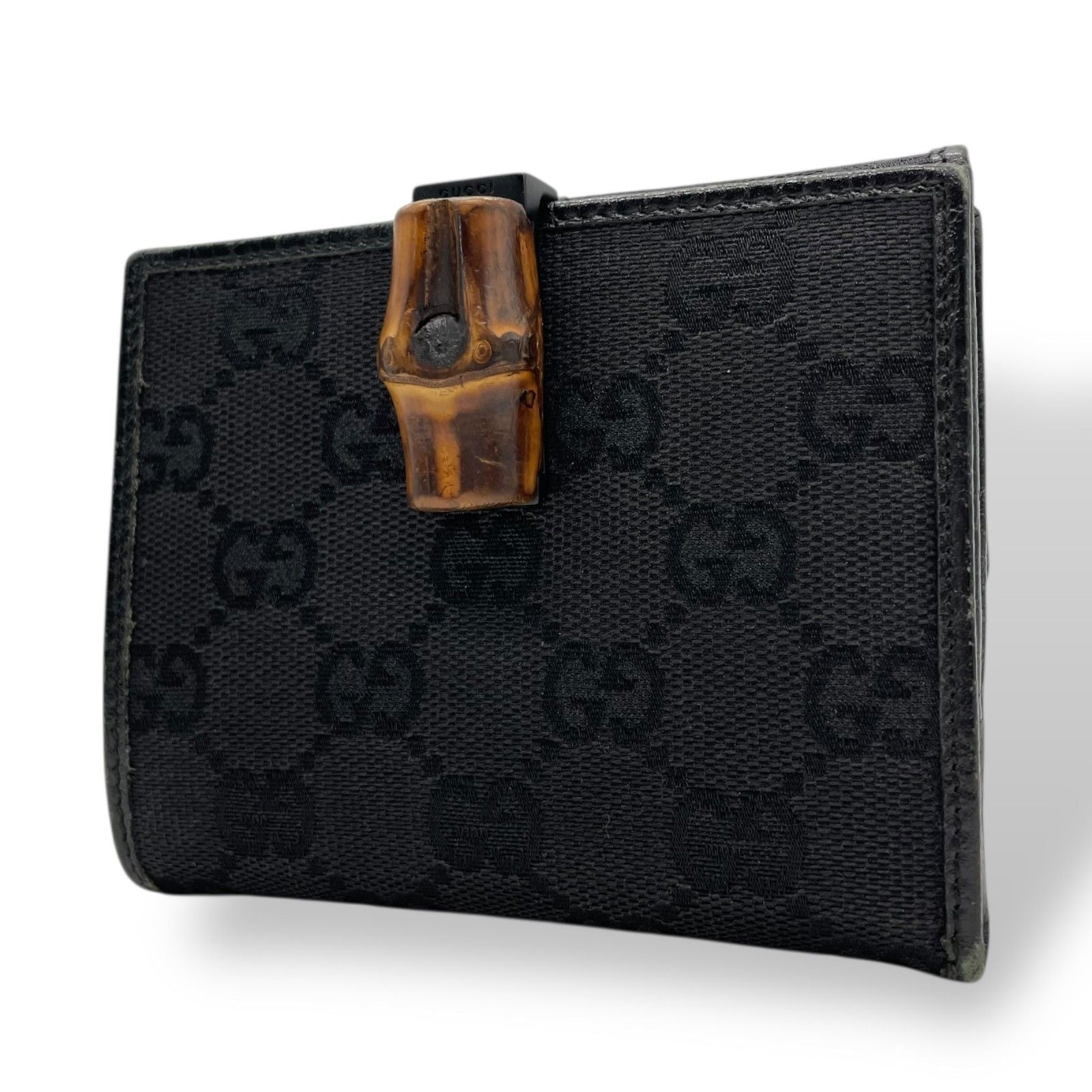 Gucci GG Canvas Bamboo Trifold Wallet Bifold Black Leather Compact Pattern