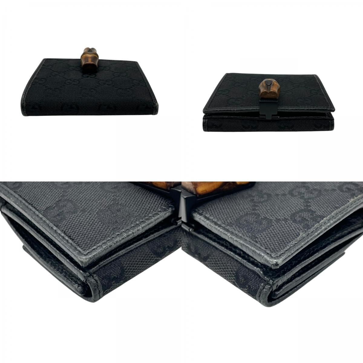 Gucci GG Canvas Bamboo Trifold Wallet Bifold Black Leather Compact Pattern