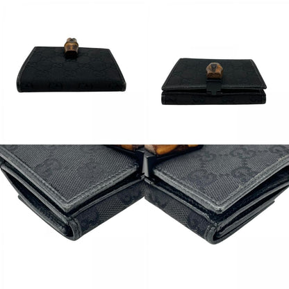 Gucci GG Canvas Bamboo Trifold Wallet Bifold Black Leather Compact Pattern