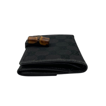 Gucci GG Canvas Bamboo Trifold Wallet Bifold Black Leather Compact Pattern
